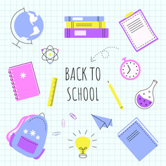 Back to school. Set of school elements, backpack, books, globe, notebook, pencil. Poster, banner, greeting card. Bright hand drawn doodle vector illustration.