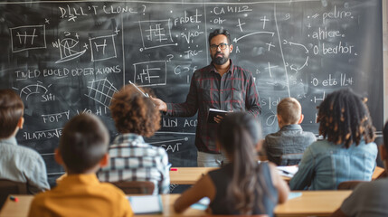 An Indian teacher explains complex mathematical concepts on a chalkboard to a classroom of attentive students, fostering education and learning.
