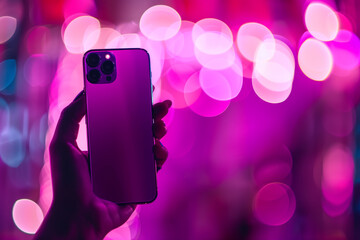 A hand holding a smartphone with its back facing the camera, surrounded by vibrant pink neon bokeh lights, capturing a trendy and modern vibe.

