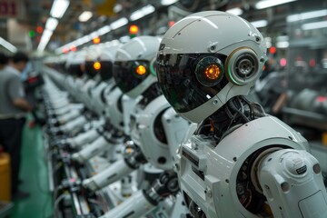 Fototapeta premium A Row of White Robots in a Modern Factory Setting