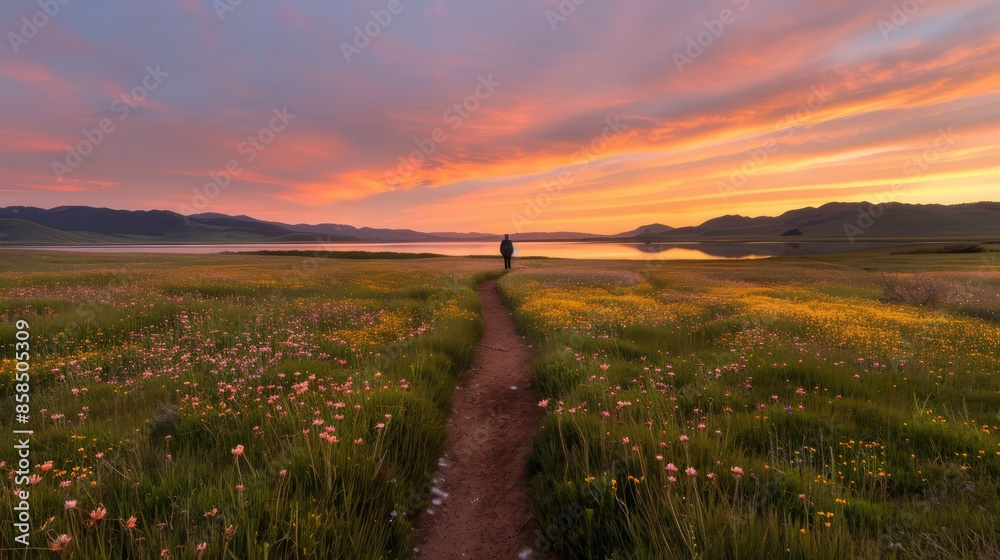 Aufkleber a person is walking through a field of flowers at sunset. the sky is filled with clouds and the sun 
