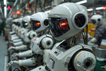 Fototapeta premium A Row of White Robots in a Modern Factory Setting