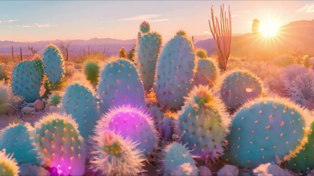 Vibrant cacti illuminated by the setting sun in a serene desert landscape AI. Concept Desert Oasis, Cactus Garden, Sunset Glow, Nature Photography, Outdoor Adventure