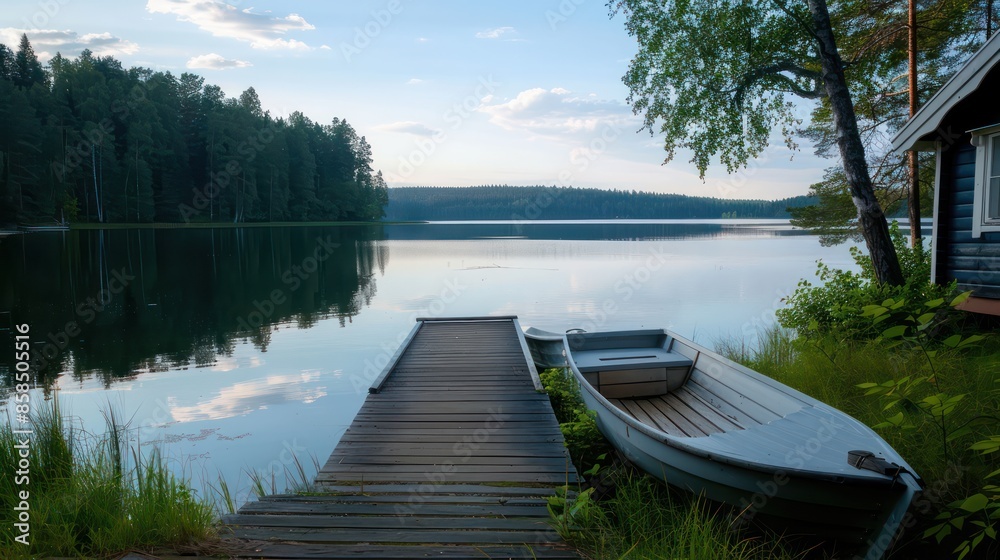 Aufkleber A wooden dock is next to a lake with a boat docked on it. The scene is peaceful and serene, with the water reflecting the sky and the trees in the background