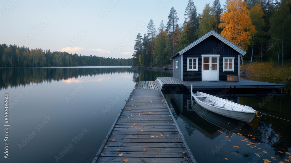 Aufkleber A small cabin is on a dock next to a lake. The cabin is surrounded by trees and the water is calm