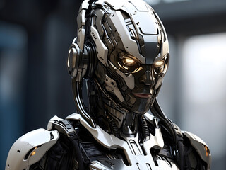 Fototapeta premium A humanoid made of sci-fi metal panels wearing techwear clothing, front view, hard surface concept art, octane render, ultra-detailed, art station, brush, society, designed 