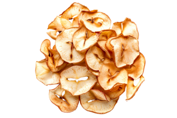 Baked apple chips isolated on transparent background, crispy healthy, lightly seasoned, naturally sweet snack option