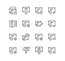 Set of diploma and certificate related icons, document pack, graduation, licence, qualification and linear variety vectors.
