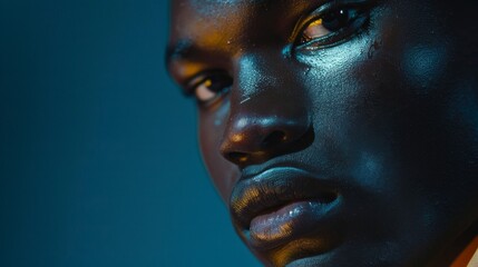A man with a black face and a blue background