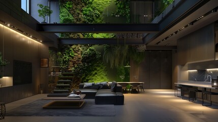 An open-concept living space with sleek, minimalist furniture, ambient lighting, and a vertical garden wall
