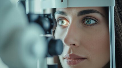 An eye examination and vision examination are performed in the clinic .ophthalmologist testing patient