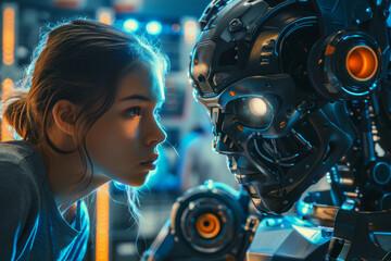 Fototapeta premium A girl is looking at a robot with a skull on its face