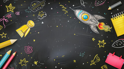 Back to school concept school supplies and rocket with pencils on chalkboard banner with copy space