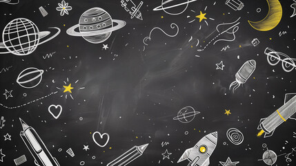 Back to school concept school supplies and rocket with pencils on chalkboard banner with copy space