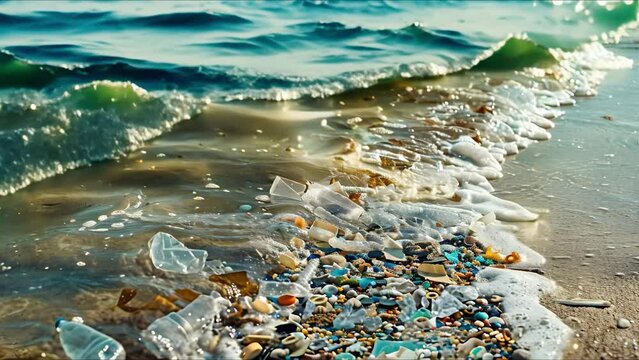 Marine microplastic pollution contaminates large bodies of water entering the food chain. Concept Marine Pollution, Microplastics, Water Contamination, Food Chain Impact