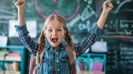 Back to school and 1September concept! Portrait of happy girl in classroom, raising her hands up