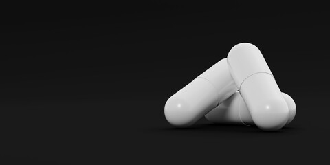 Three white capsules, pills lay on black background. Medicinal treatment, tablet, cure concept. Place for text. 3d render illustration