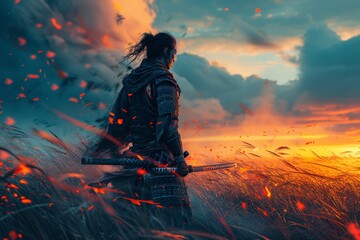 Samurai standing in the grassy field at sunset