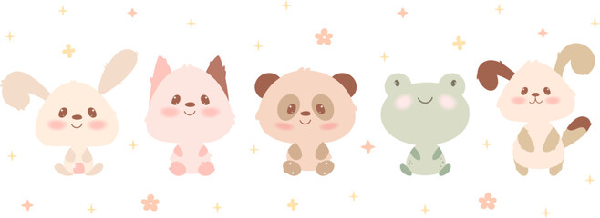 Fototapeta premium Set of cute kawaii animals in hand draw flat style. Rabbit, hare, cat,dog,frog, bear. Vector illustration.Cartoon baby animal character design. Pastel colors.