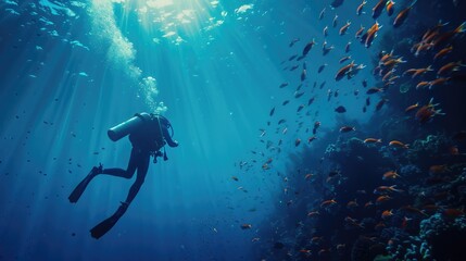 Scuba Background. Active Scuba Diver Amidst Beautiful Caribbean Coral in Colourful Blue Water