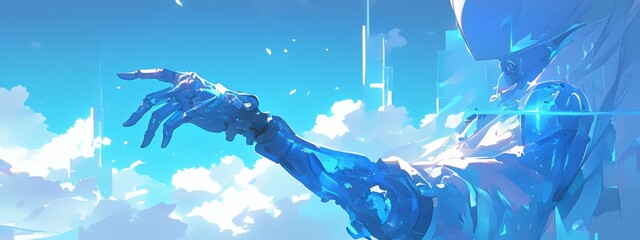 AI Robot Hand Touching Screen in Soft Cloudy Background