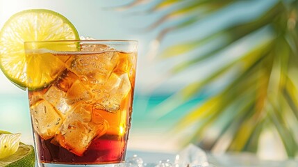 A Refreshing Escape  Cuba Libre Cocktail  Indulge in a classic Cuban cocktail, perfectly chilled and topped with a tangy slice of lime