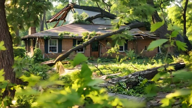 House damaged by fallen tree during storm. Concept Insurance claim process, Tree removal, Home repairs, Emergency services