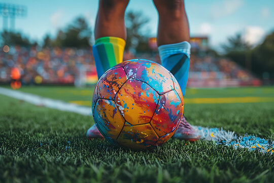 Soccer player with ball in action outdoors.