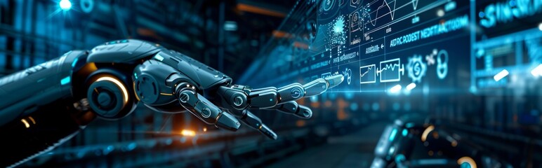 Obraz premium Robotic Hand Interacting with Digital Interface