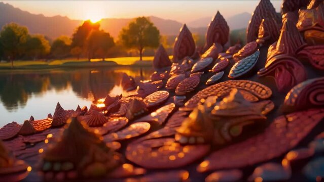 Creation of Dreamtime: Colorful Serpent Sculpture with Mountains, Rivers, Trees, and People in Australian Aboriginal Story. Concept Dreamtime Stories, Australian Aboriginal Culture