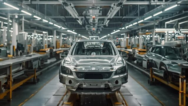 An engineer works on a car assembly line in a futuristic automotive factory. Concept Futuristic Technology, Automotive Industry, Automation in Engineering, Manufacturing Innovation