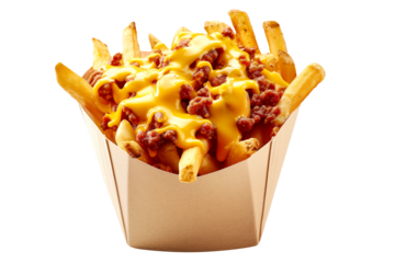 Crispy Chili Cheese French fries isolated on white transparent background, perfect for snacking, quick and tasty treat