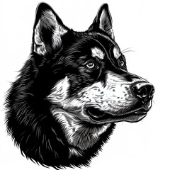 A black and white drawing of a siberian husky dog