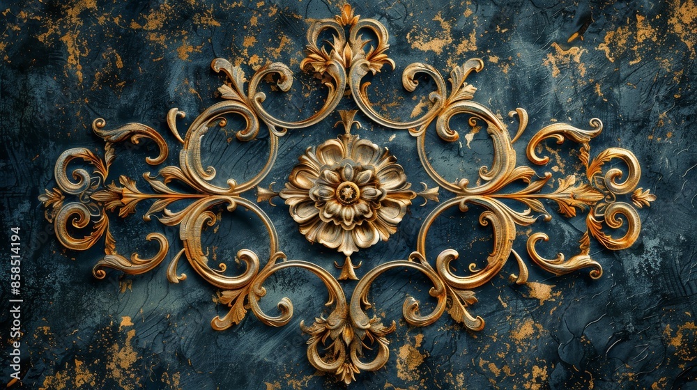 Wall mural Ornate golden floral design on blue background