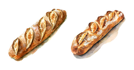 Baguette bread, watercolor clipart illustration with isolated background.