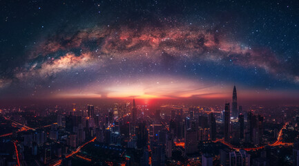 Fototapeta premium Aerial view of typical financial business city center skyline at sunset.