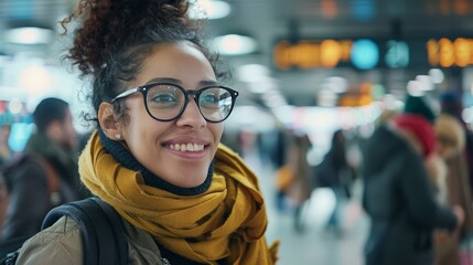Passengers embrace emotions at airport, smiling and engaged   close up realistic image