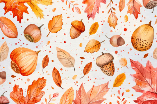 Illustration features an assortment of autumn leaves, acorns, and nuts in warm shades of orange, brown, and yellow on a light background, creating a festive and seasonal design