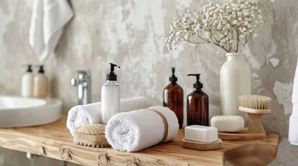 Close up view of bathroom essentials on wooden table
