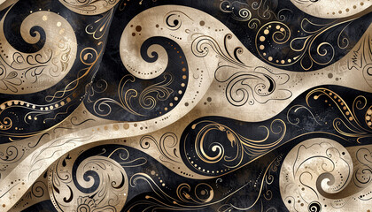 Seamless intricate black and gold swirling pattern. Hand drawn illustration. Generative ai