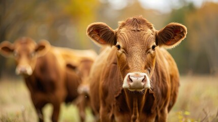 Brown cows raised for organic beef one cow facing the camera and two cows looking away