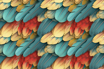 Obraz premium A vibrant seamless pattern of multicolored feathers, overlapping in a harmonious arrangement, ideal for nature-inspired designs and bold decorative accents.