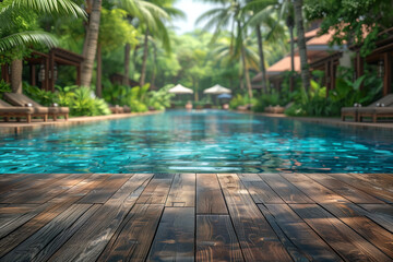 Wooden table top for product display presentation, a swimming pool and pine trees at mediterranean Costa Brava resort hotel. Summer vacation concept.