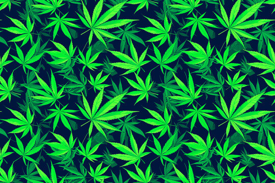A seamless pattern of green marijuana leaves on a dark background, forming a bold and striking tile ornament suitable for contemporary and edgy designs.