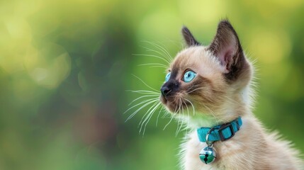 Adorable Siamese mix kitten with blue collar and bell looking to the right against green backdrop