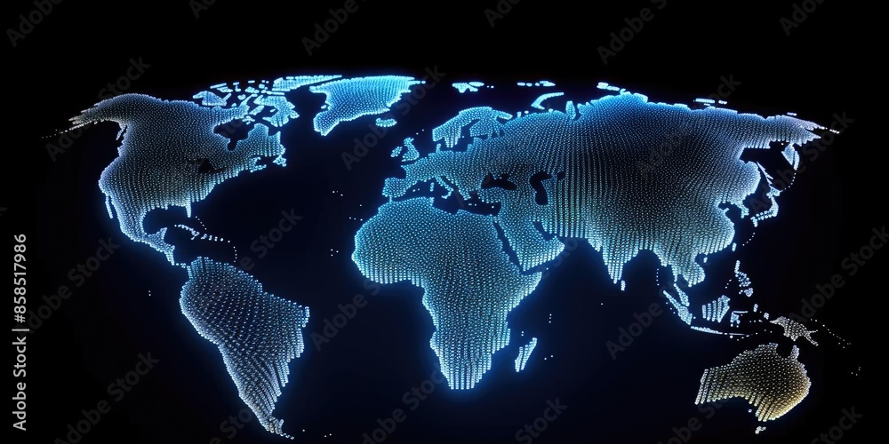 Poster glowing digital world map on a dark background with sparkling light points. global communication and