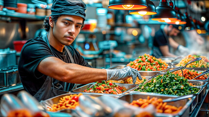 Man in black shirt and bunch of trays of food.