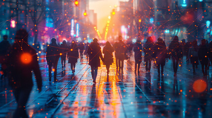 Street people walking in the city with internet network connection, pubic wifi service, wireless technology, social media concept