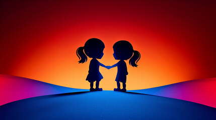Fototapeta premium Friendship Day Illustration, Two little girls holding hands in the background of a red and blue gradient