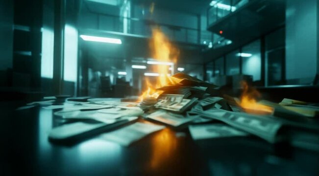 Money burning in building, business burning, money on fire, burning money